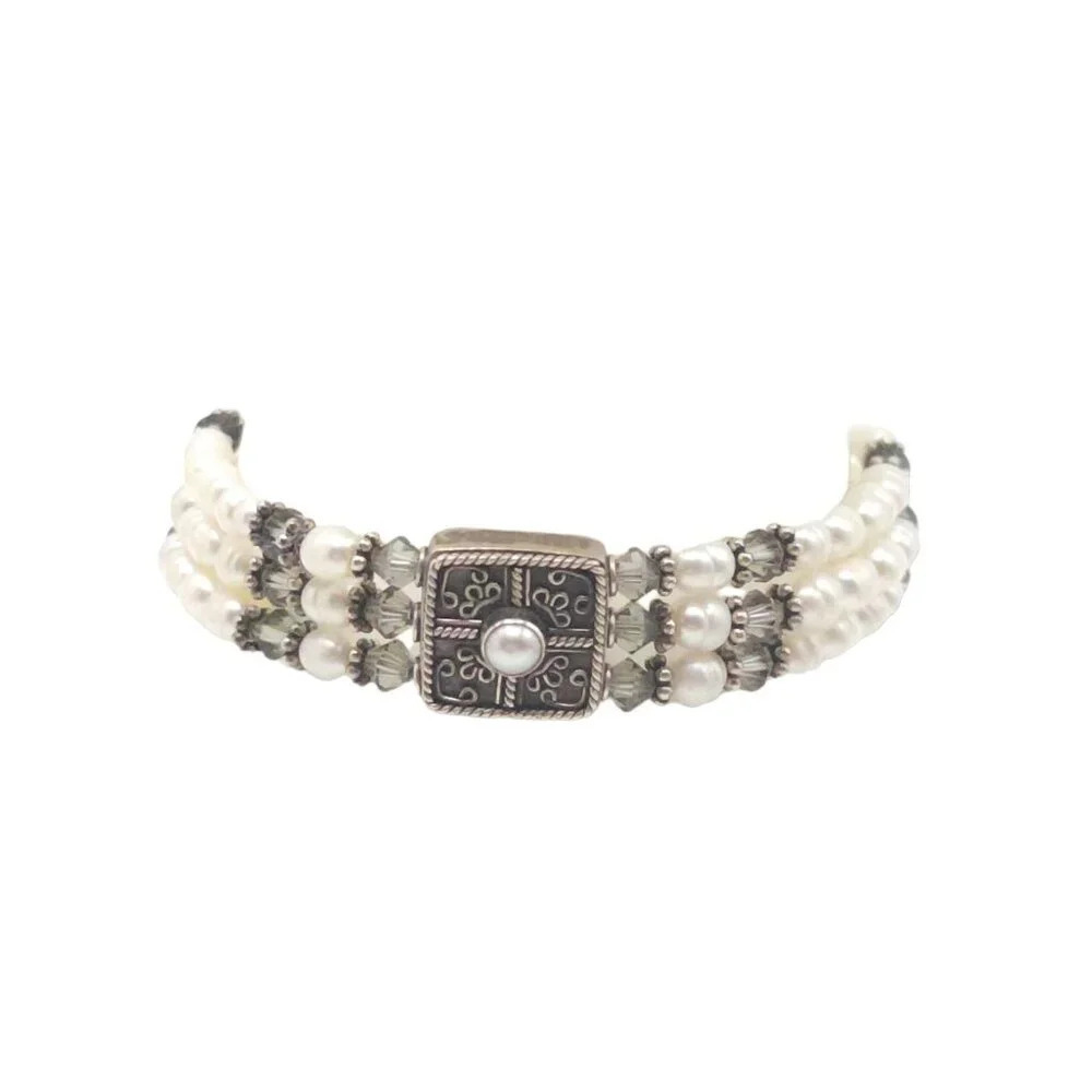 White Pearl Clear Crystal Beaded Multi Strand Bangle Bracelet  Silver Tone